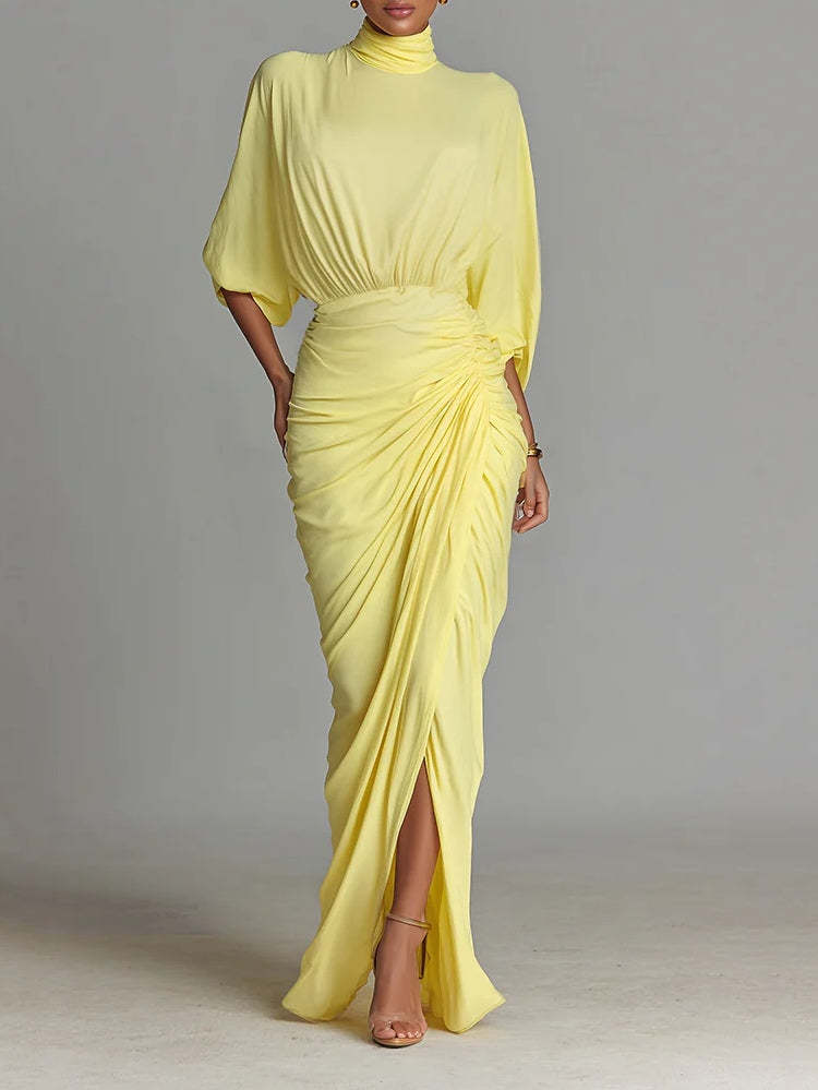 Bright Yellow Drape Comfortable Blended Maxi Dress