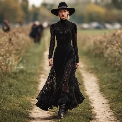 Women's Vintage Elegant Black Lace Gown With High Neckline Dress