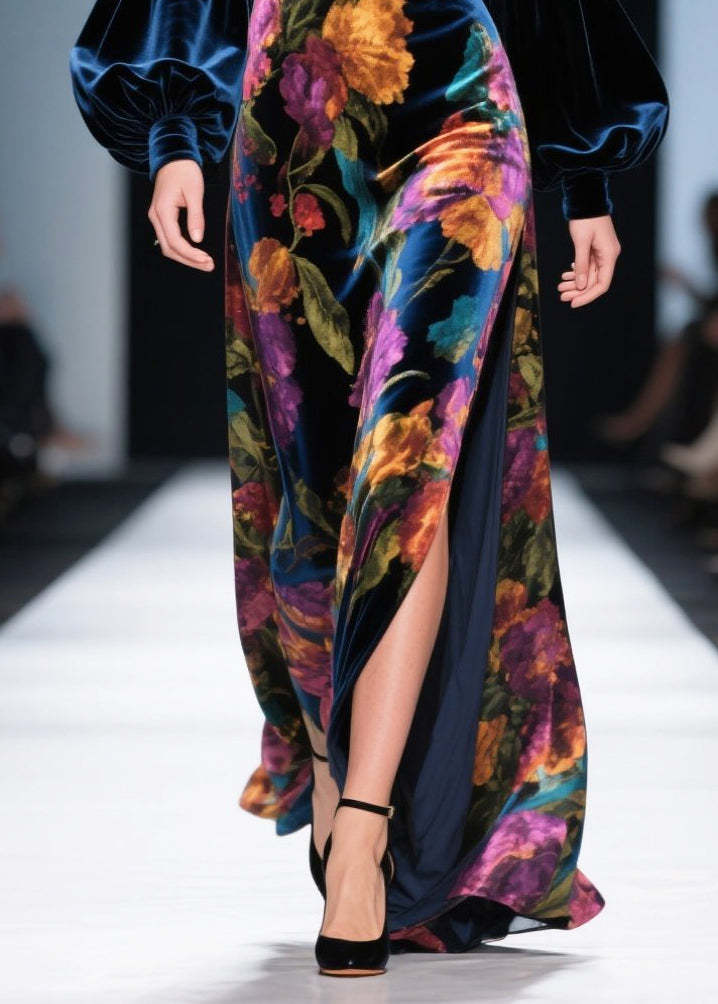 French Navy Print Side Open Silk Velvet Long Dress Spring