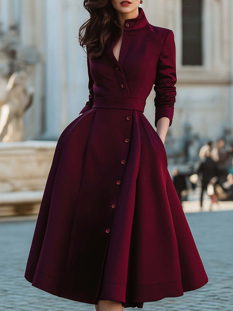 Elegant Band Collar Button-Down Midi Dress With Belt
