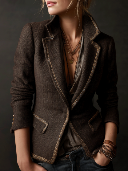 Vintage-Inspired Contrast Edges Chocolate Brown Blazer