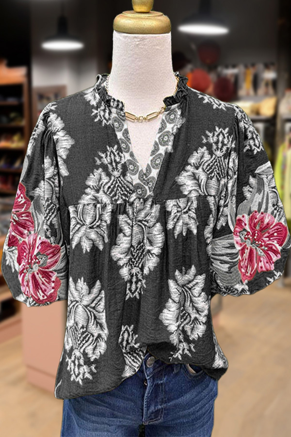 Embroidered Puff Sleeve Floral Top