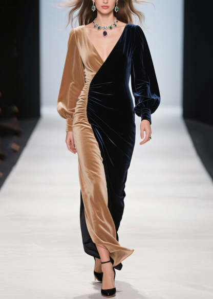 Women Colorblock Asymmetrical Patchwork Silk Velvet Dinner Dress Spring