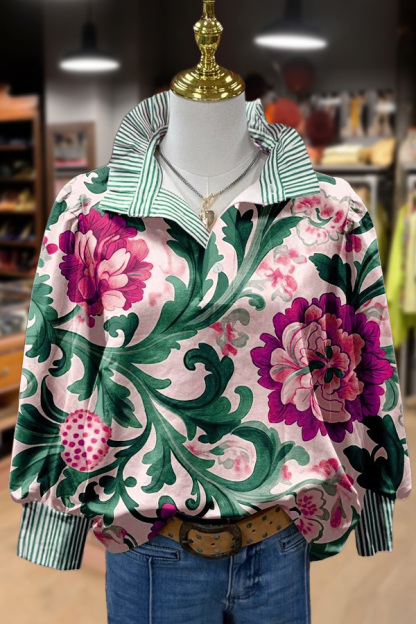 Vintage Floral Print Striped Collar Top