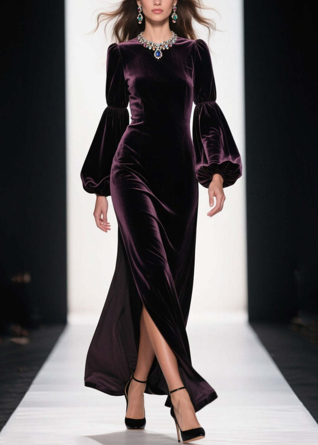 Boutique Purple Side Open Patchwork Velvet Ankle Dress Fall