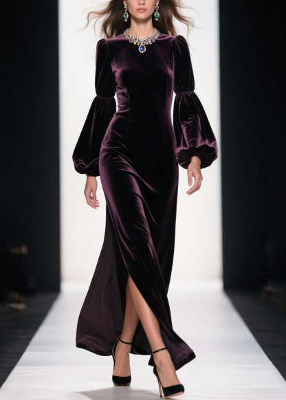 Boutique Purple Side Open Patchwork Velvet Ankle Dress Fall