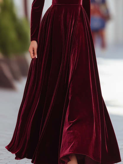 Burgundy Velvet Long-Sleeve Gown