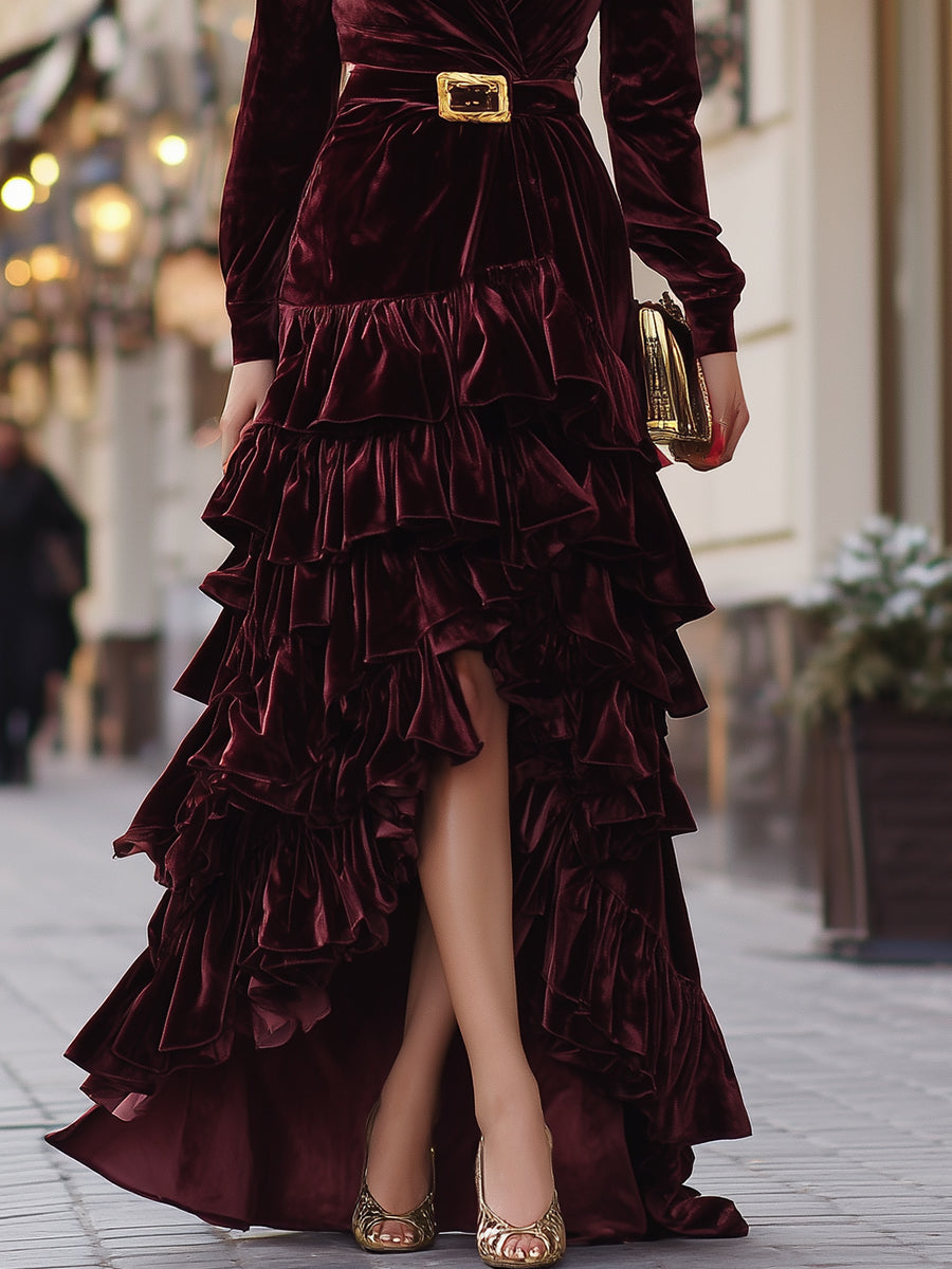 Velvet Wrap Dress With Ruffle Detail In Burgundy