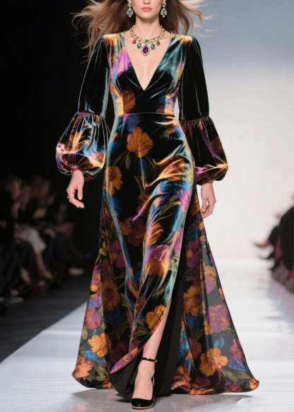 Elegant V Neck Print Side Open Velvet Robe Dresses Fall