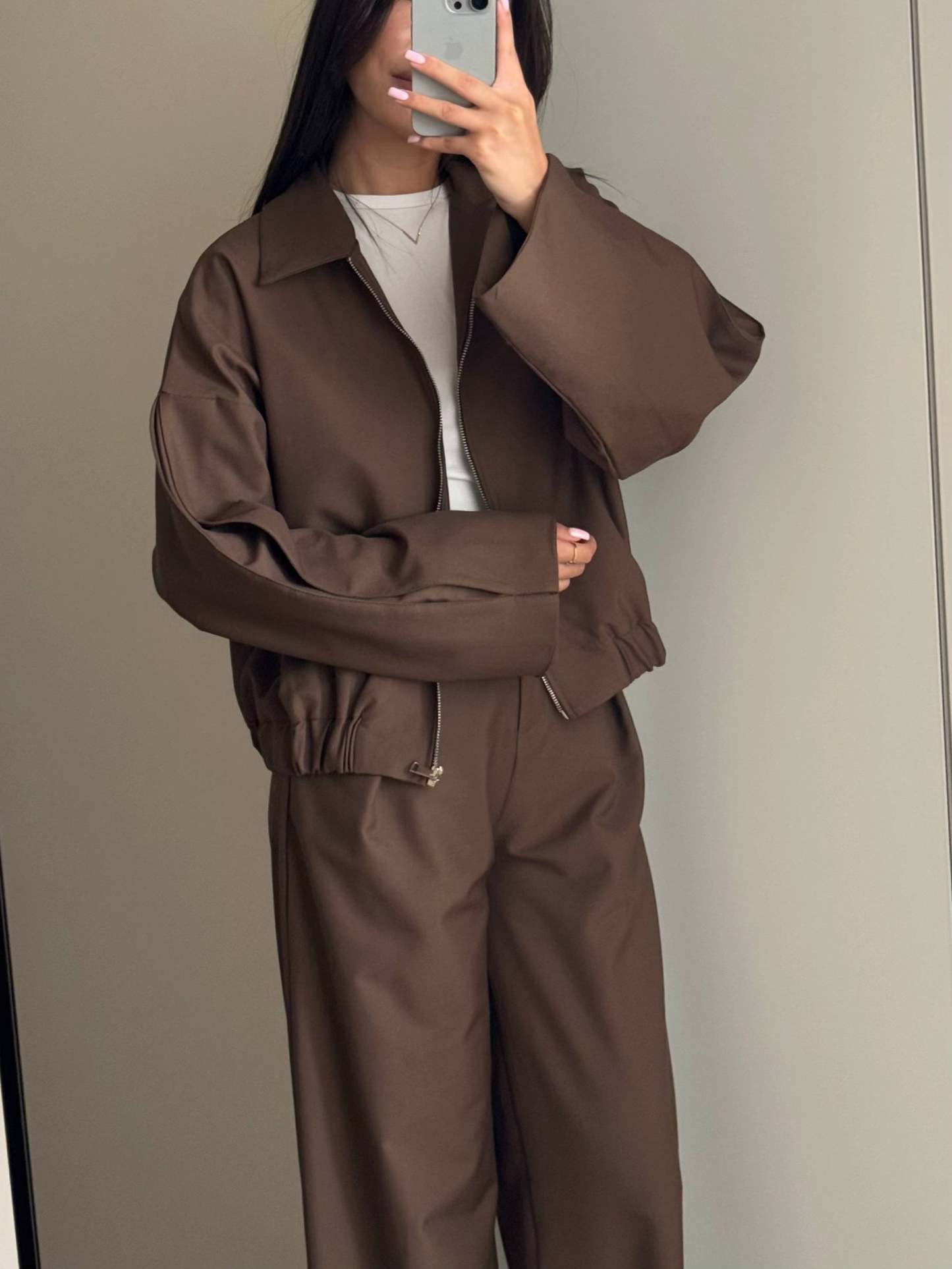 Zippered Jacket And Wide-leg Pants Two-piece Suit