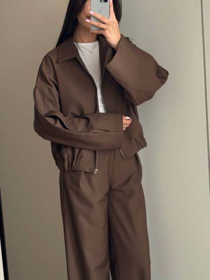 Zippered Jacket And Wide-leg Pants Two-piece Suit