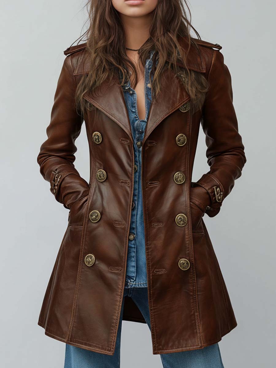Vintage Brown Leather Double-Breasted Trench Coat