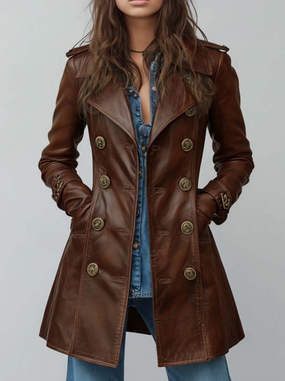 Vintage Brown Leather Double-Breasted Trench Coat
