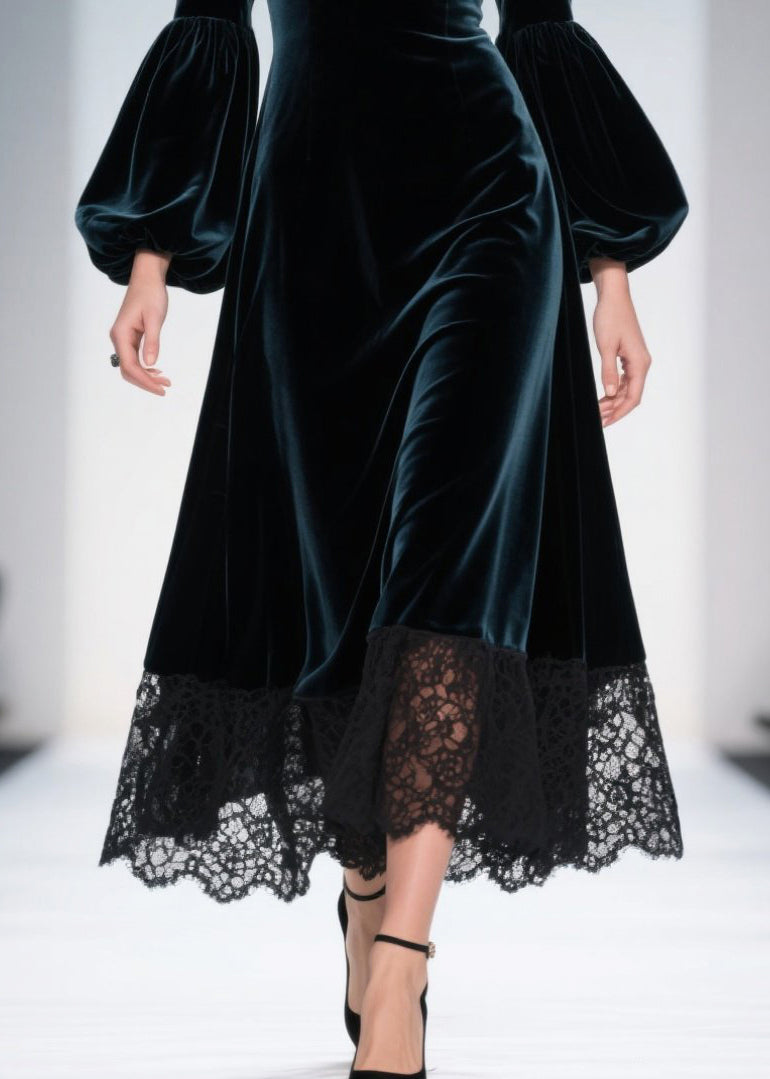 Peacock Blue Patchwork Lace Silk Velvet Evening Dresses Lantern Sleeve