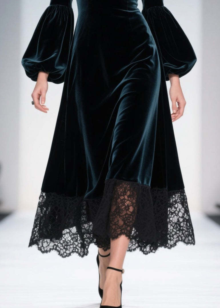 Peacock Blue Patchwork Lace Silk Velvet Evening Dresses Lantern Sleeve