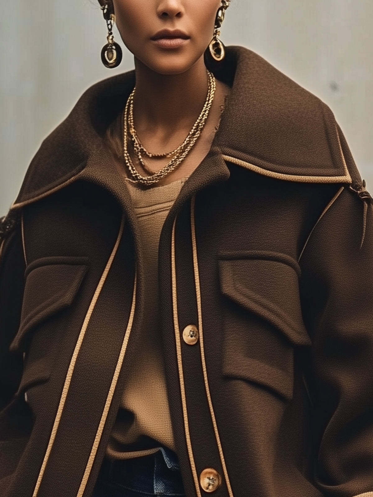 Chocolate Utility Jacket With Khaki Trim