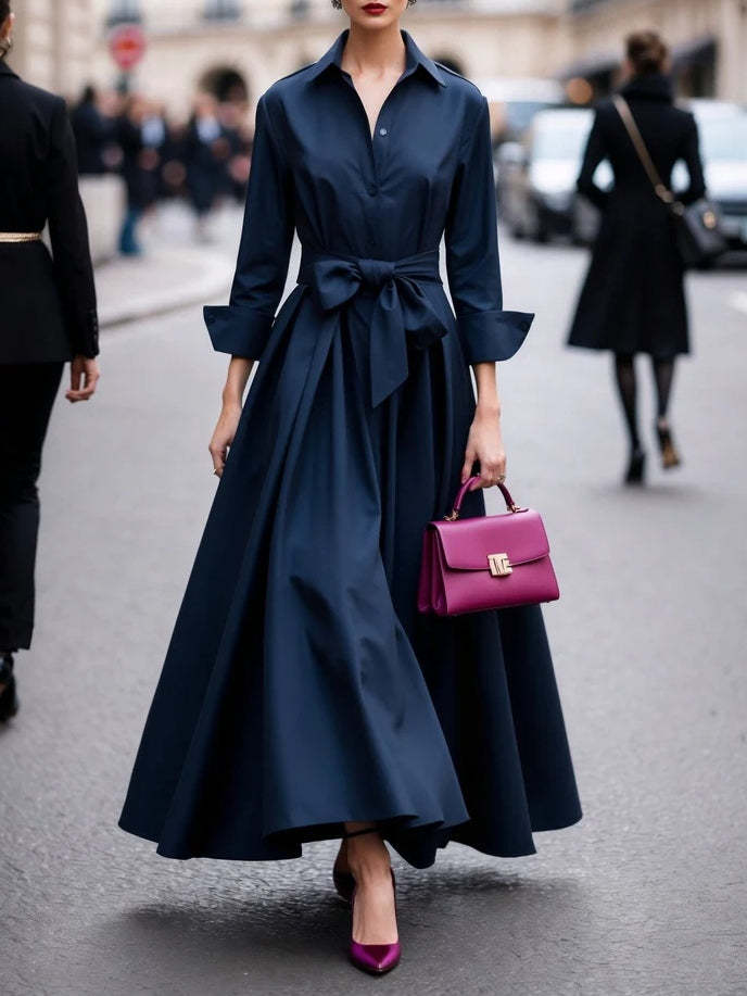 Elegant Long-sleeved Shirt-style Tie Maxi Dress