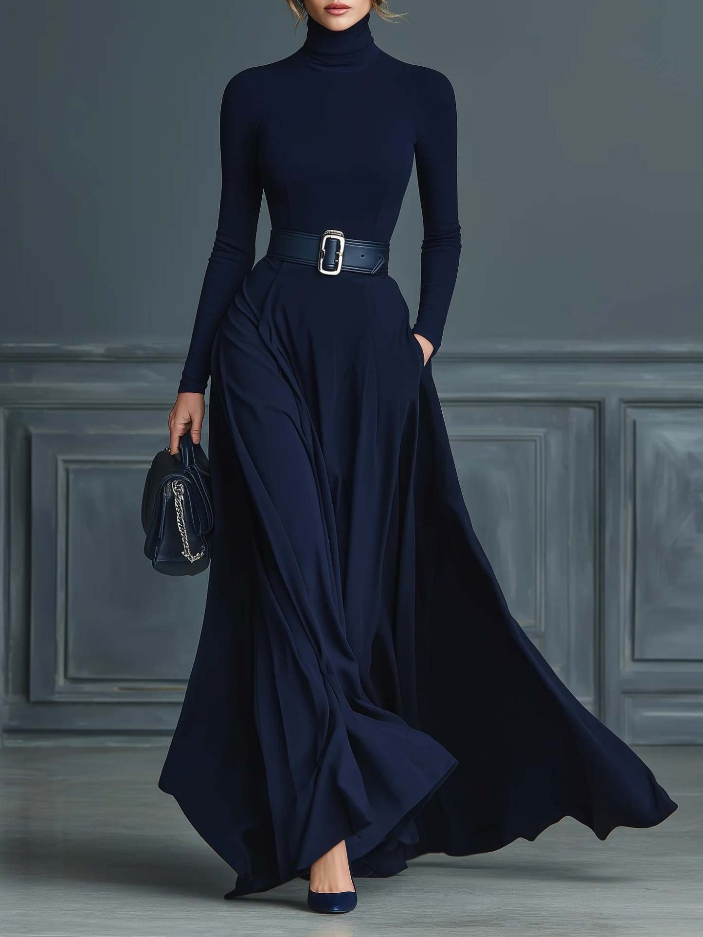 Dark Blue Knitted High-neck Dress