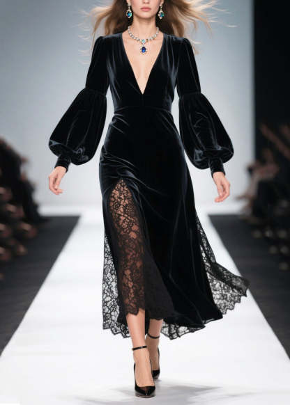 French Black V Neck Patchwork Hollow Out Silk Velvet Dress Spring