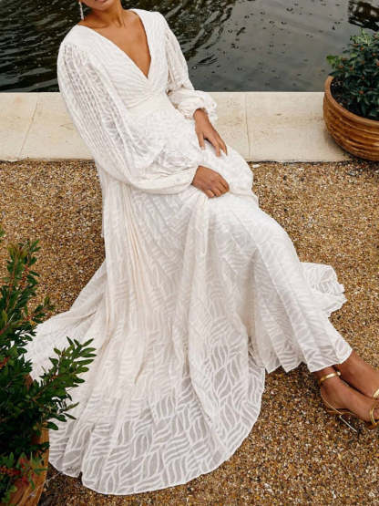 Lantern Long Sleeve V Neck Maxi Dress