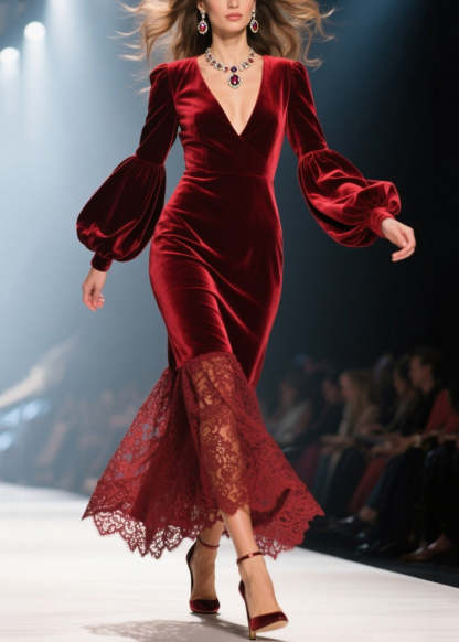 Handmade Red V Neck Lace Patchwork Velvet Dresses Fall
