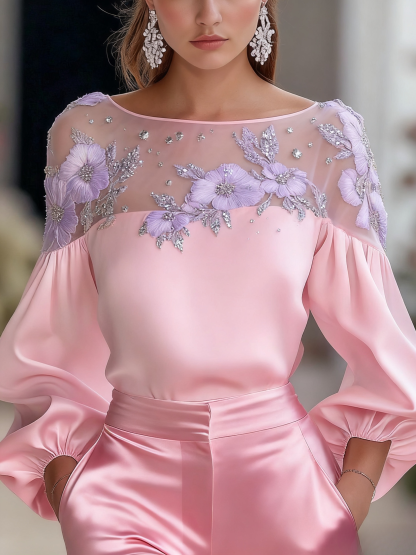 Women's Fashion Shirt with Mesh Embroidered long sleeve Top