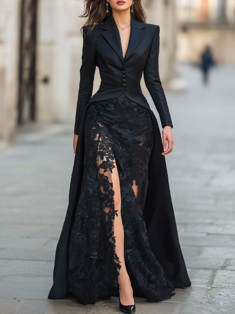 Elegant Tailored Blazer Panel Lace Gown