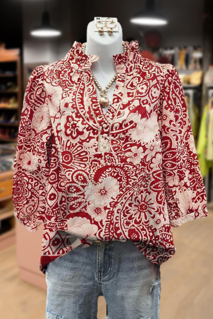 Vintage Floral Print V-Neck Puff Sleeve Top