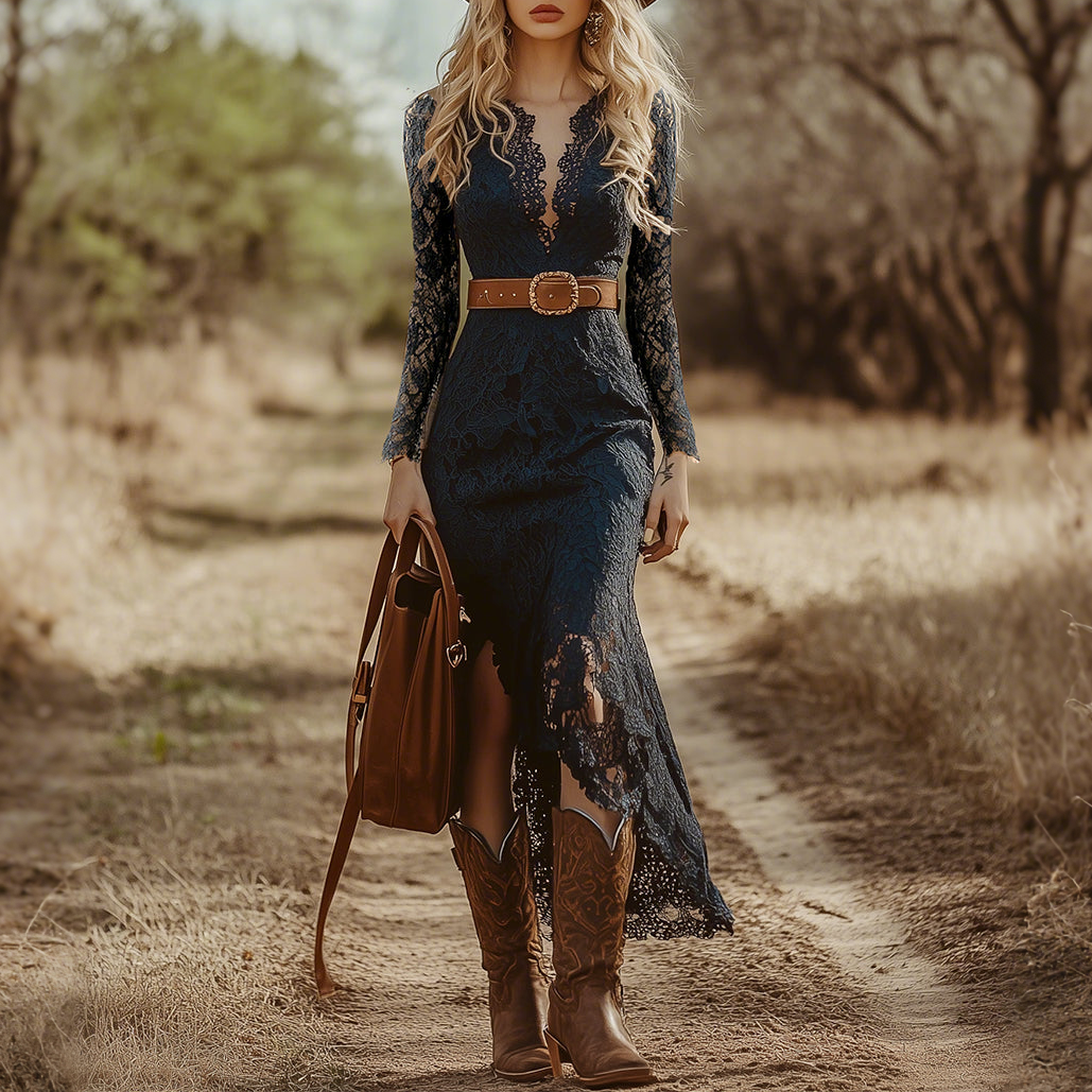 Vintage Bohemian Blue Lace Long Sleeve Midi Dress
