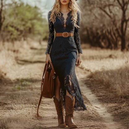 Vintage Bohemian Blue Lace Long Sleeve Midi Dress