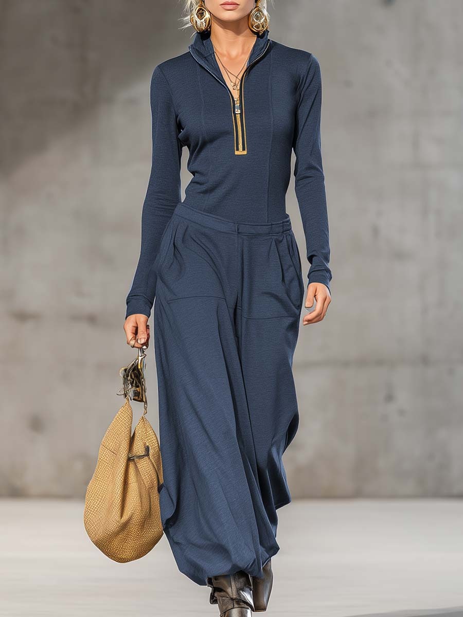 Half-mocked zip-up top and wide-leg pants set
