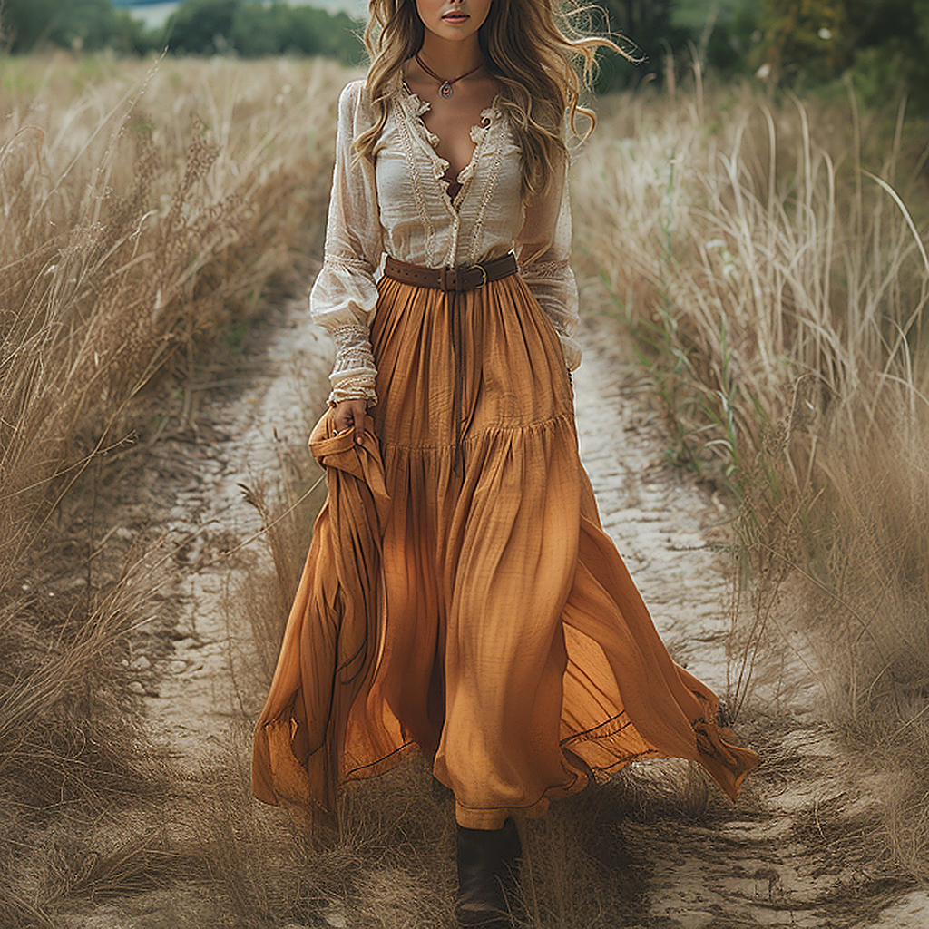 Retro V-neck Lace Linen Women's Long-sleeved Long Skirt Pastoral Style