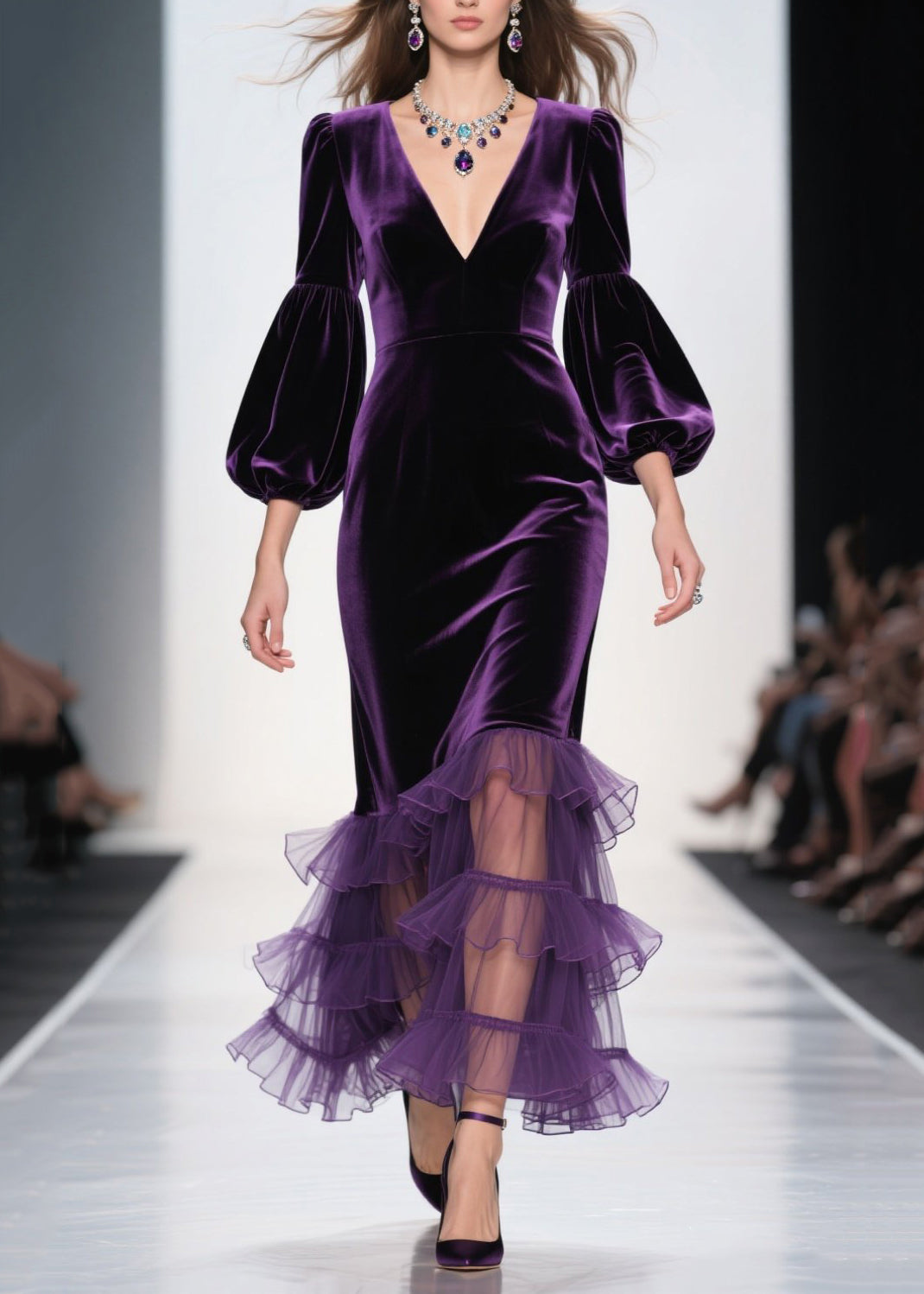 Elegant Purple V Neck Ruffled Patchwork Velvet Maxi Dresses Fall