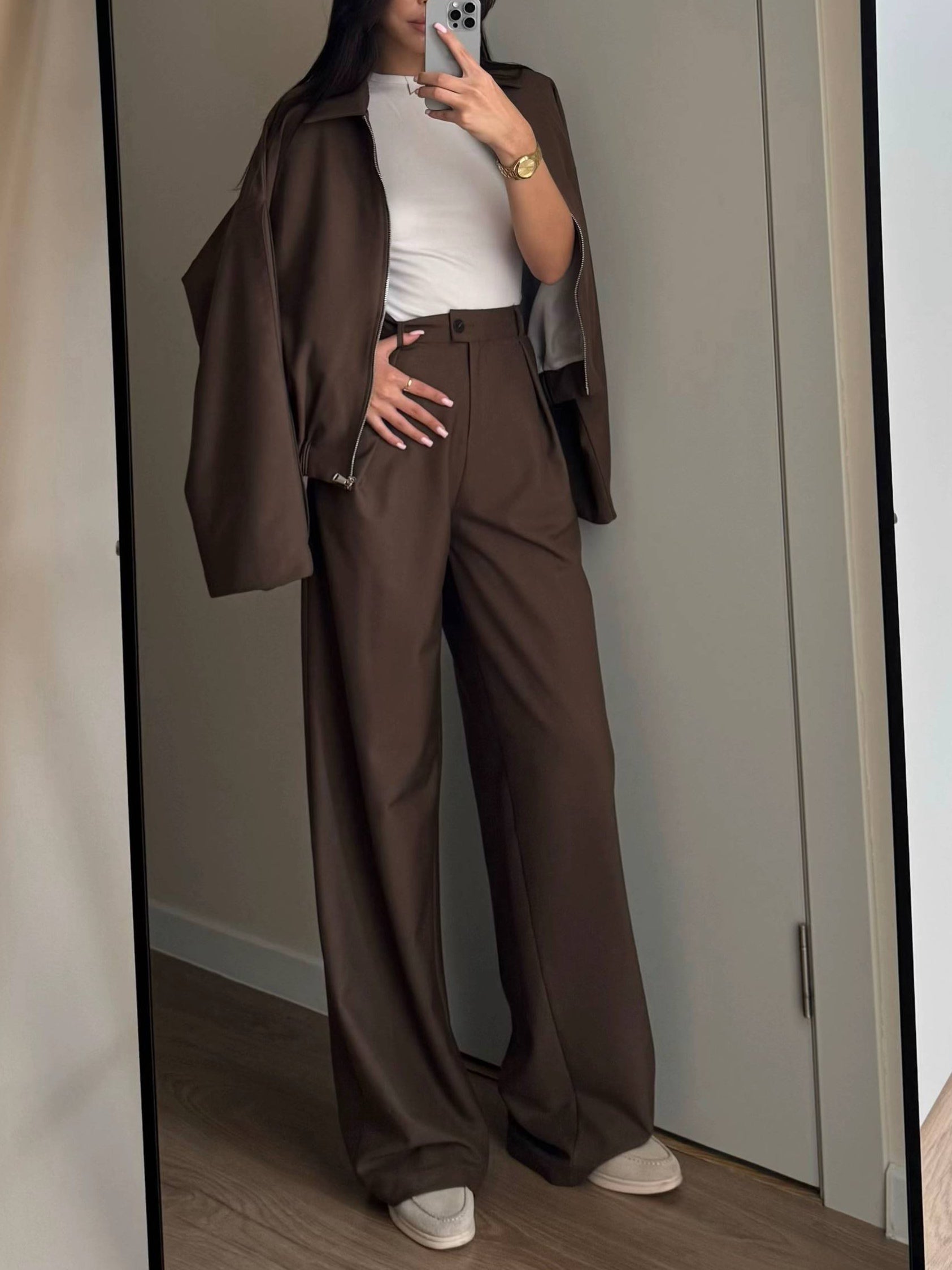 Zippered Jacket And Wide-leg Pants Two-piece Suit
