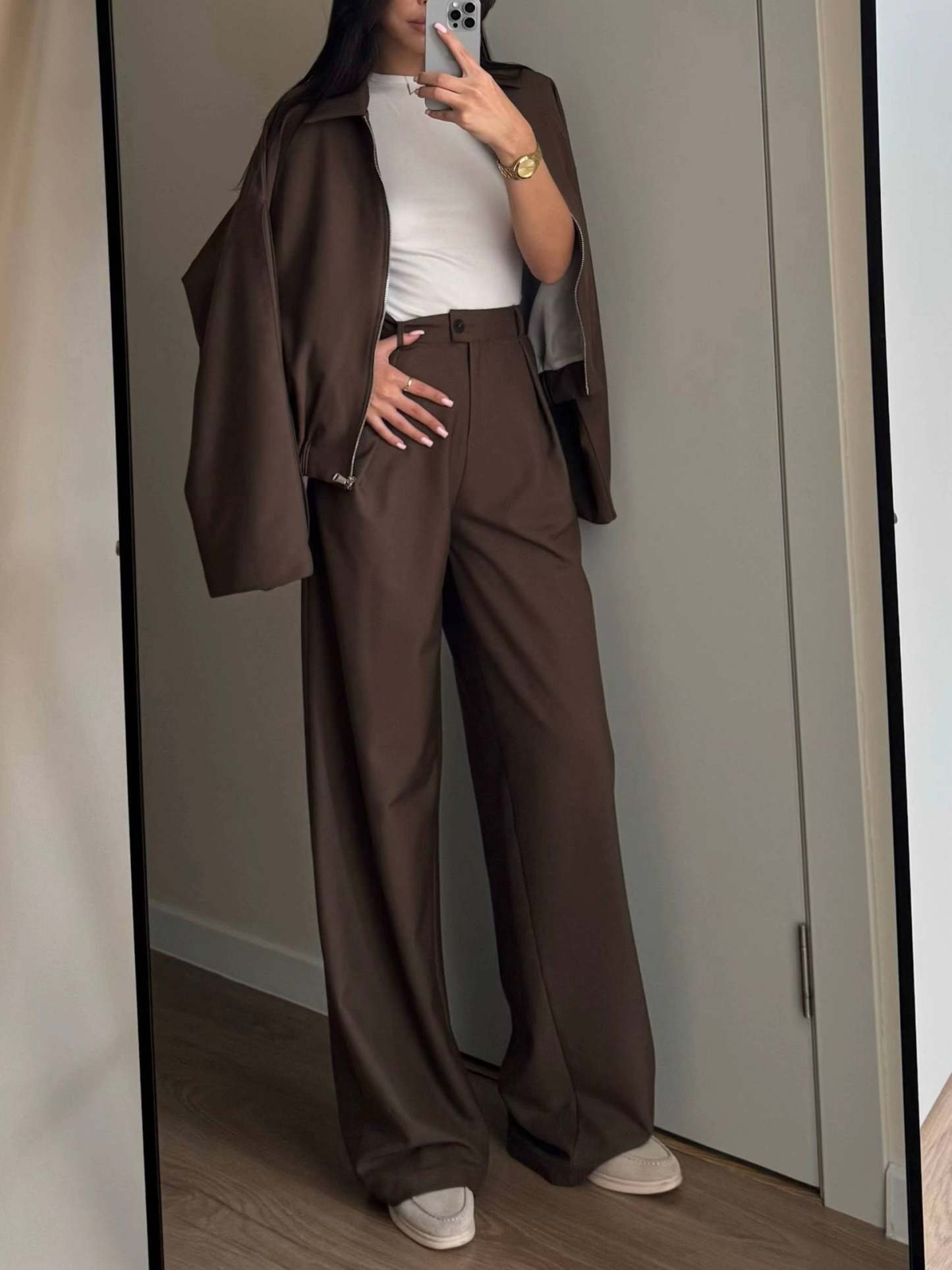 Zippered Jacket And Wide-leg Pants Two-piece Suit