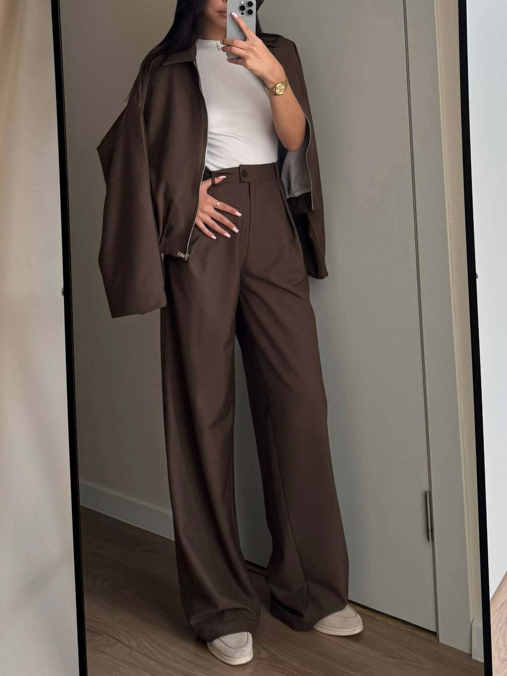 Zippered Jacket And Wide-leg Pants Two-piece Suit