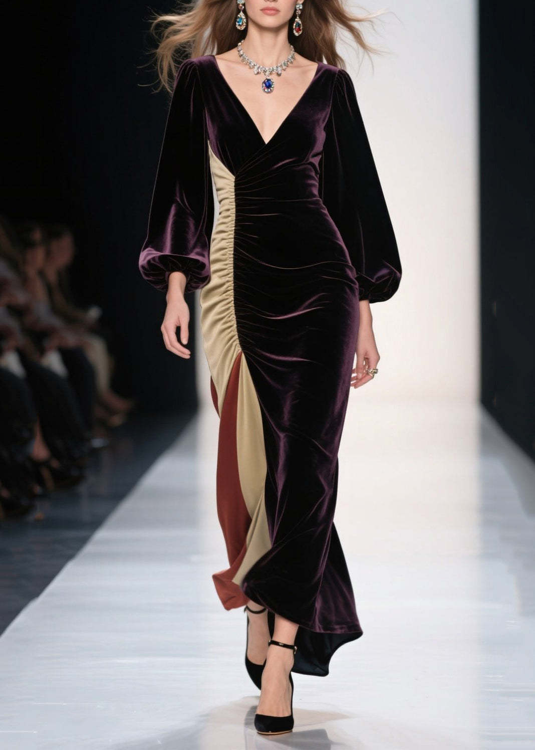 Plus Size Dull Purple Asymmetrical Patchwork Silk Velvet Evening Dress