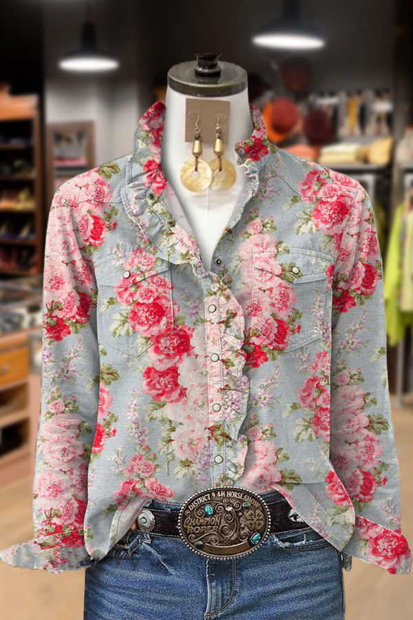 Multi Floral Print Ruffle Neck Shirt