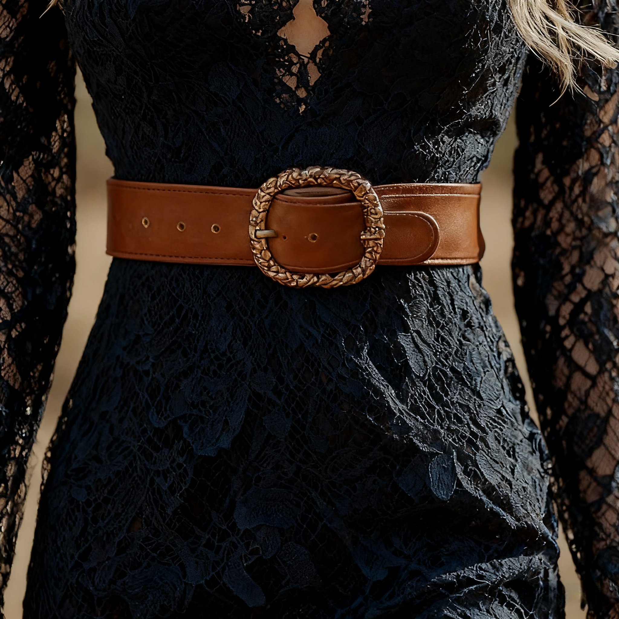 Vintage Bohemian Blue Lace Long Sleeve Midi Dress