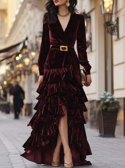 Velvet Wrap Dress With Ruffle Detail In Burgundy