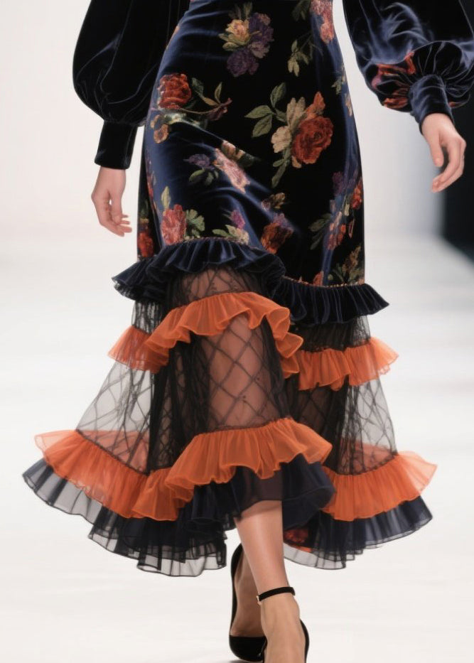 Modern Black Ruffled Patchwork Print Silk Velvet Evening Dress Spring