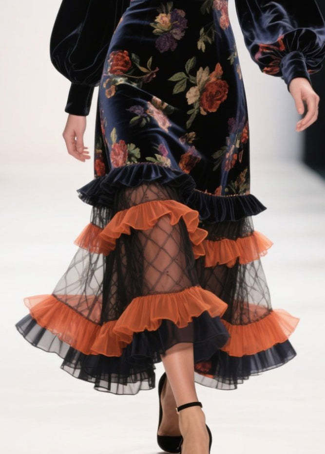 Modern Black Ruffled Patchwork Print Silk Velvet Evening Dress Spring