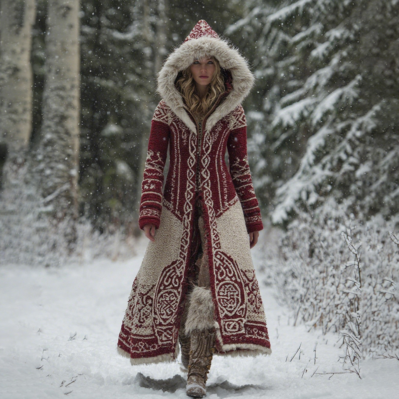 Women's Vintage Viking Celtic Knot Pattern Knit Hooded Long Sweater Co