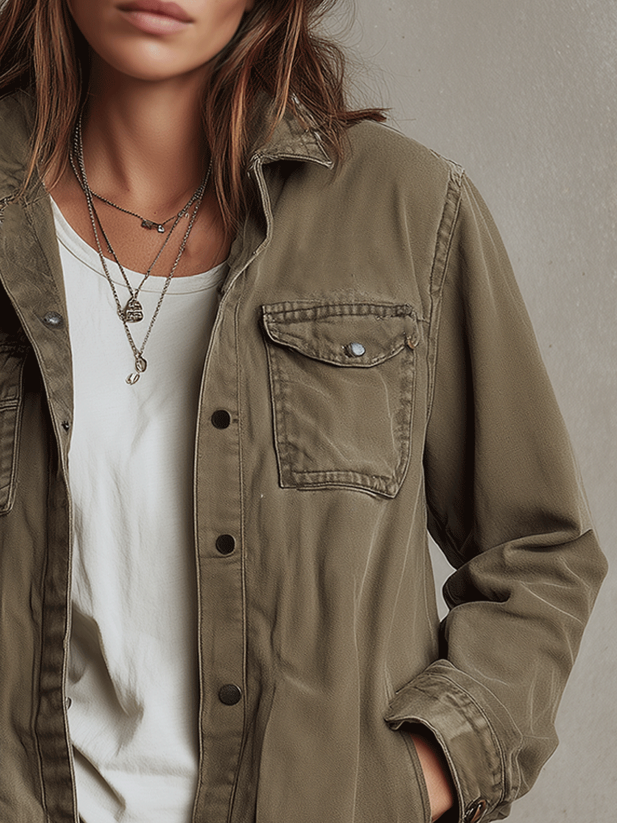 Casual Olive Cotton Utility Jacket