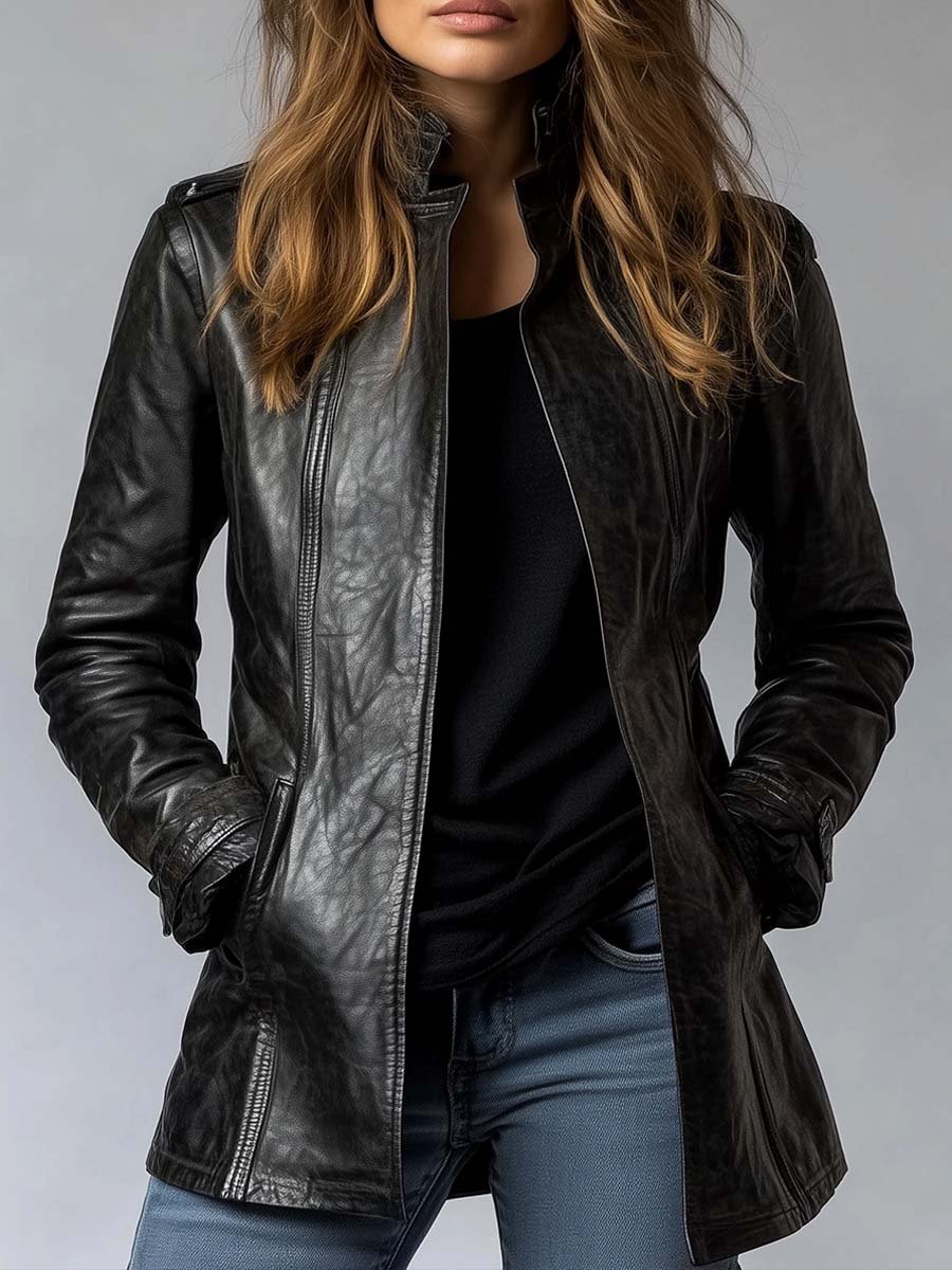 Women's Vintage Stand Collar Faux Leather Jacket