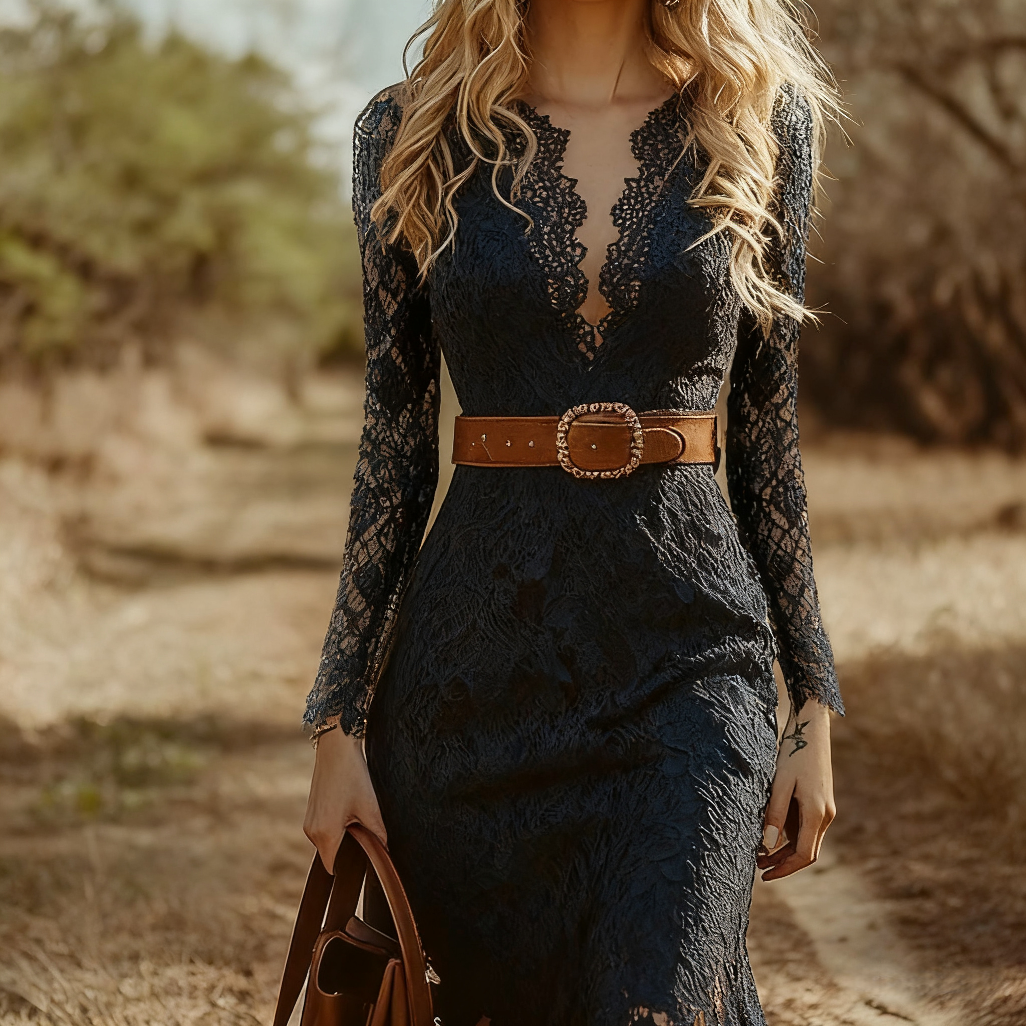 Vintage Bohemian Blue Lace Long Sleeve Midi Dress