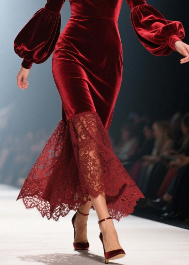 Handmade Red V Neck Lace Patchwork Velvet Dresses Fall