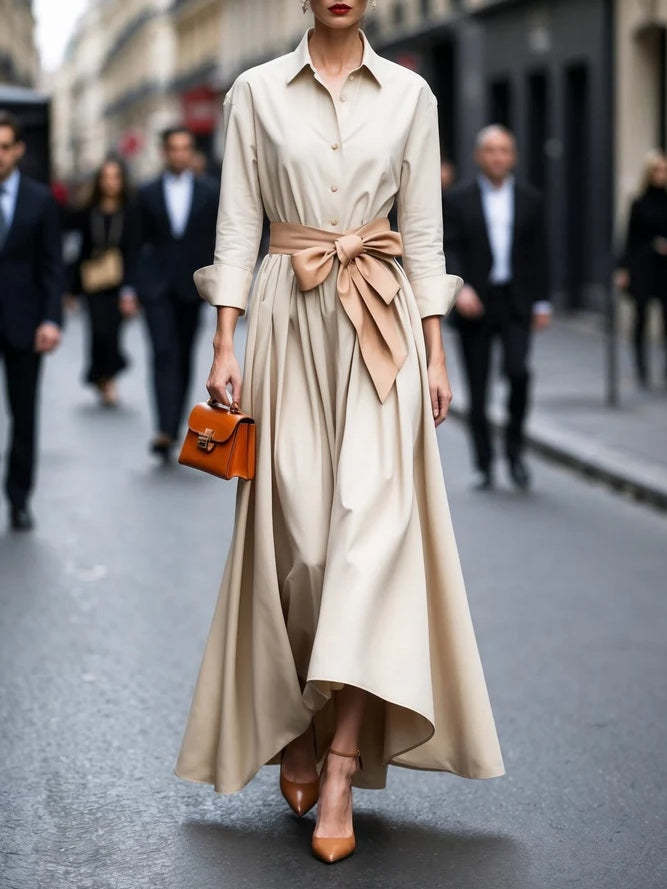 Elegant Long-sleeved Shirt-style Tie Maxi Dress
