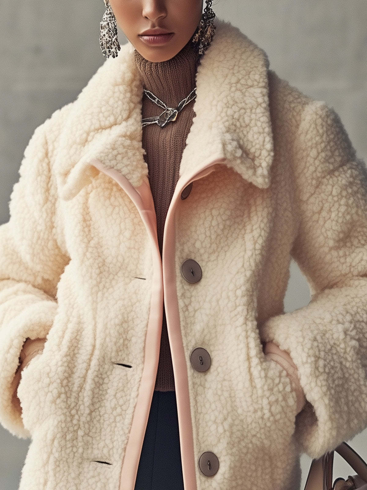 Cream Shearling Jacket With Pink Trim And Pocket