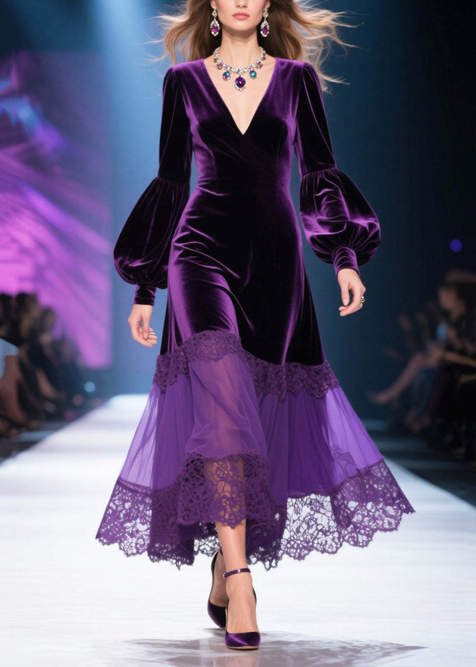 Chic Dull Purple V Neck Patchwork Silk Velvet Maxi Dresses Lantern Sle